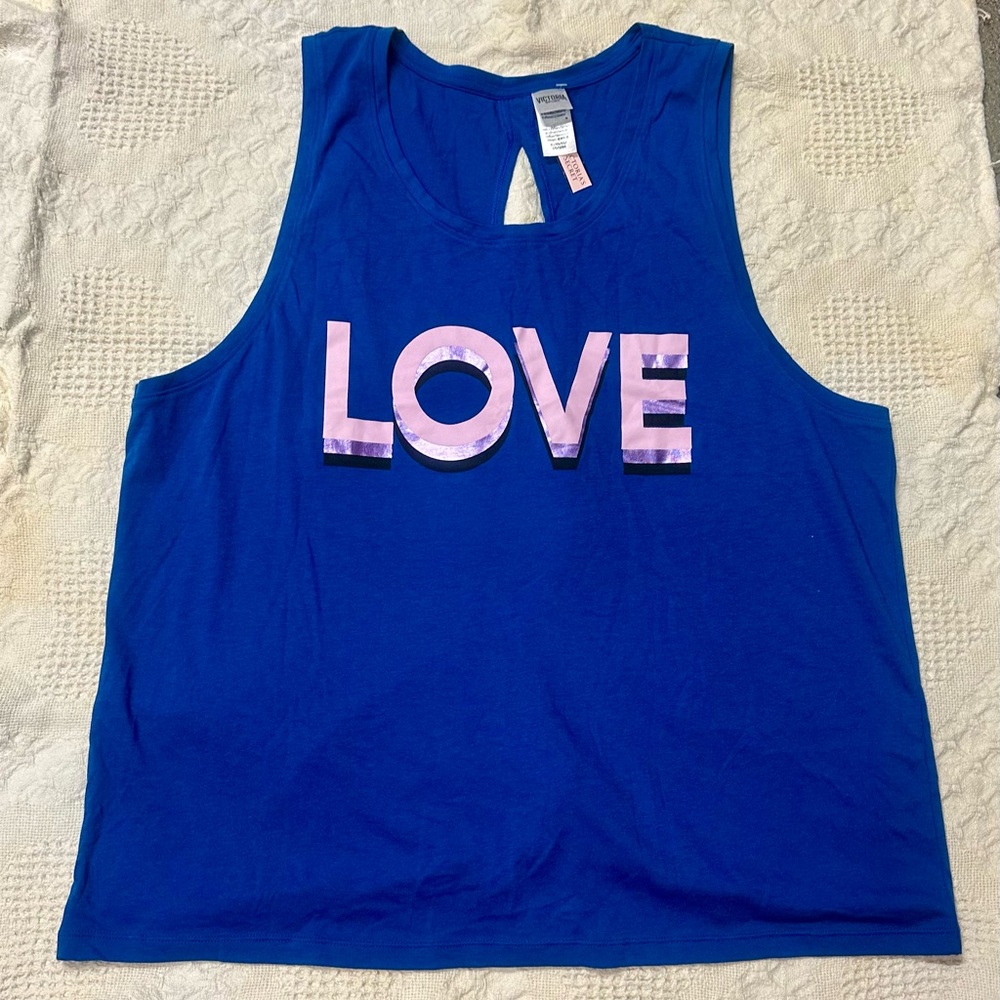 Victoria's Secret Blue Tank Top with Pink 'LOVE' Graphic